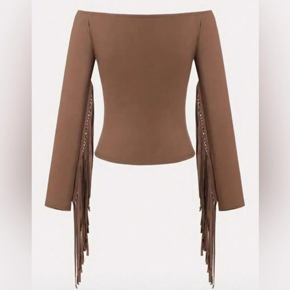 New SHEIN Brown Off-Shoulder Fringe Blouse - Picture 2 of 7